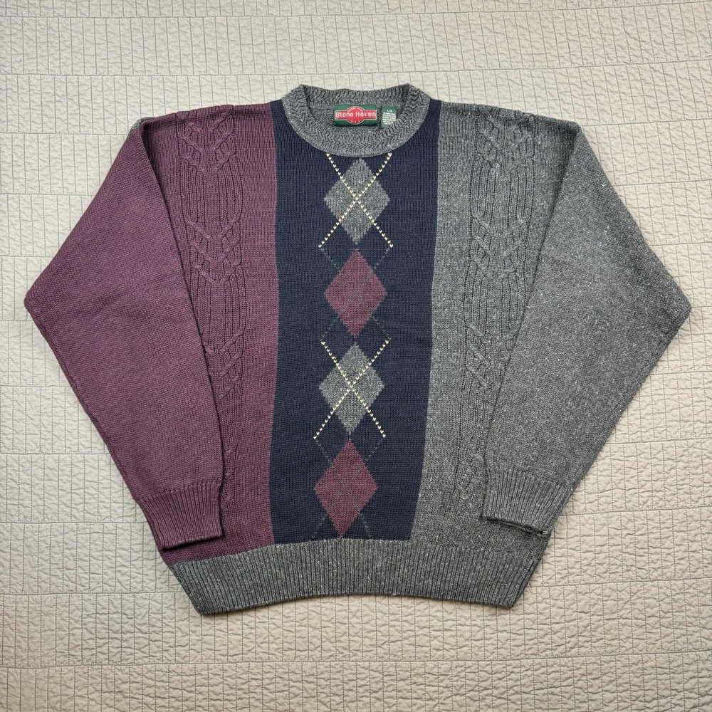Vtg Stone Haven Sweater Men Large Cable Knit Argyle Striped Grandpa Dad Retro